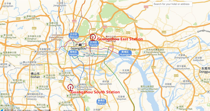 The location of the two railway stations in Guangzhou